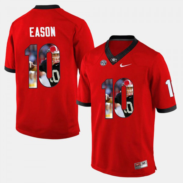 Men's #10 Jacob Eason Georgia Bulldogs Player Pictorial Jersey - Red